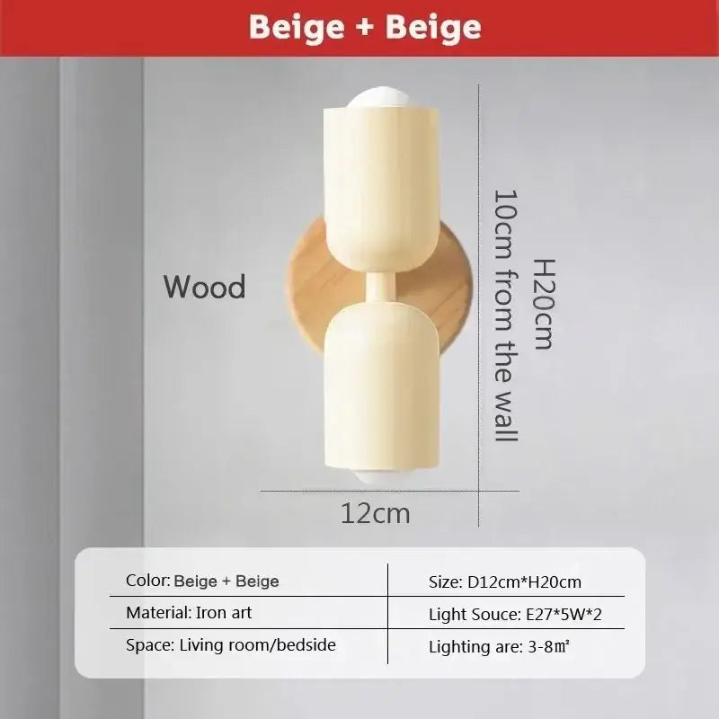 Beige two-tiered iron art wall lamp with wooden backplate for minimalist decorbites cream zipper wooden bedroom light
