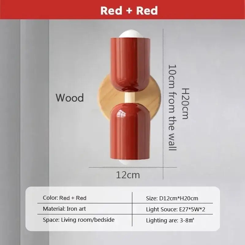 Red cylindrical iron art wall lamp with wooden circular backplate for decorbites cream zipper wooden bedroom light