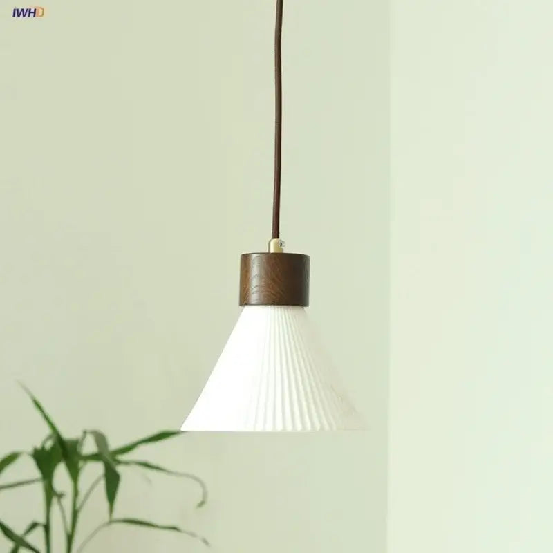 Minimalist white pleated glass pendant light with dark wood metal collar for dining room home decor by decorbites ceramic led