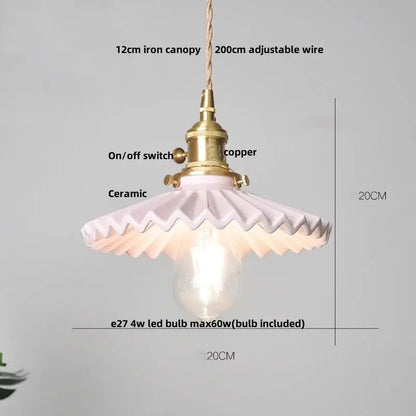 Minimalist white pleated glass pendant light with pink ceramic led and brass copper switch for dining room home decor by decorbites