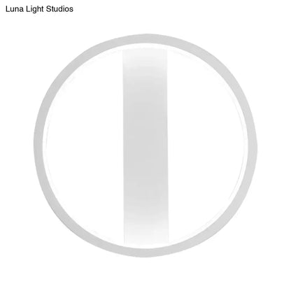 Minimalist white led wall sconce with round square design and gray circular logo featuring a vertical stripe