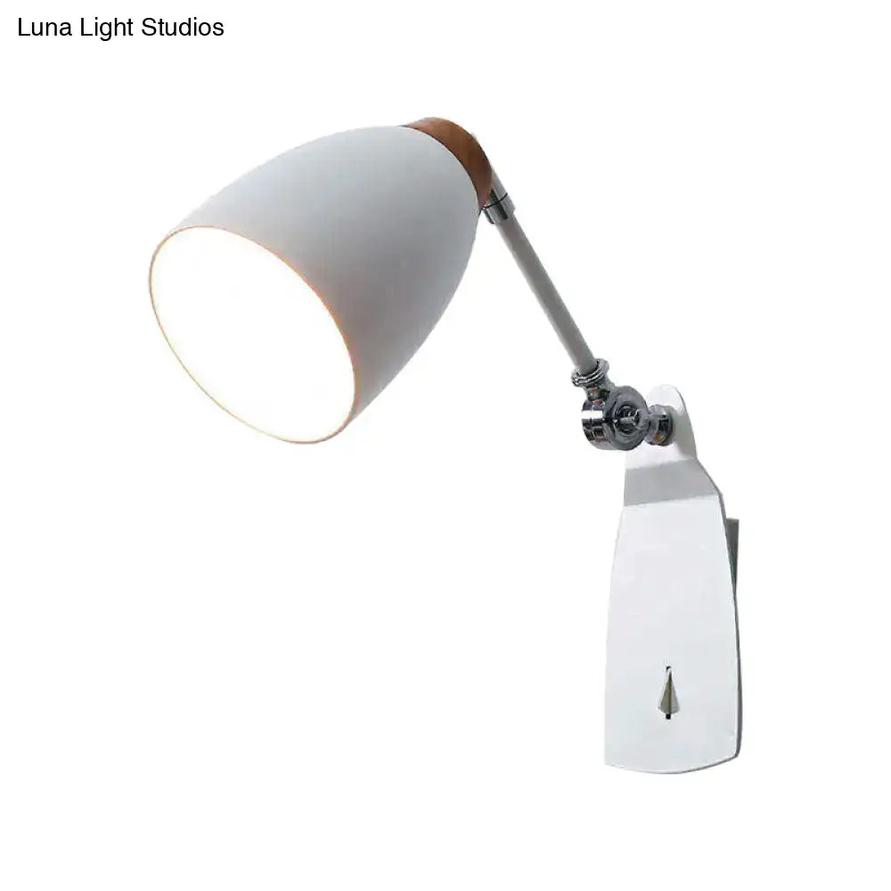 White tapered wall light with wood accents and chrome hardware wall-mounted desk lamp for study lighting