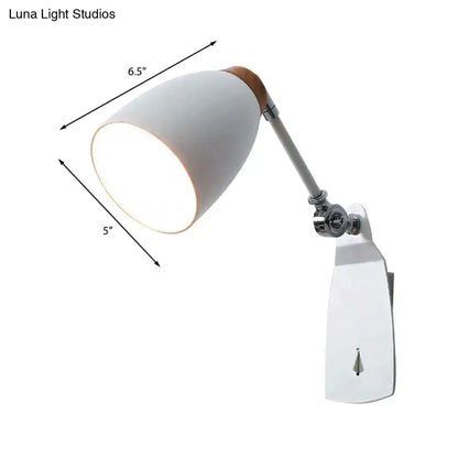 Minimalist white tapered wall light with wood accents on adjustable chrome arm for study desk illumination