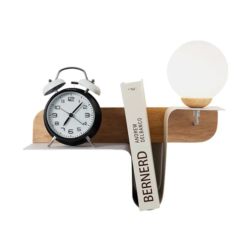 Minimalist white wall lamp with frosted glass shelf featuring wooden led incandescent fluorescent integrated lamp and clock