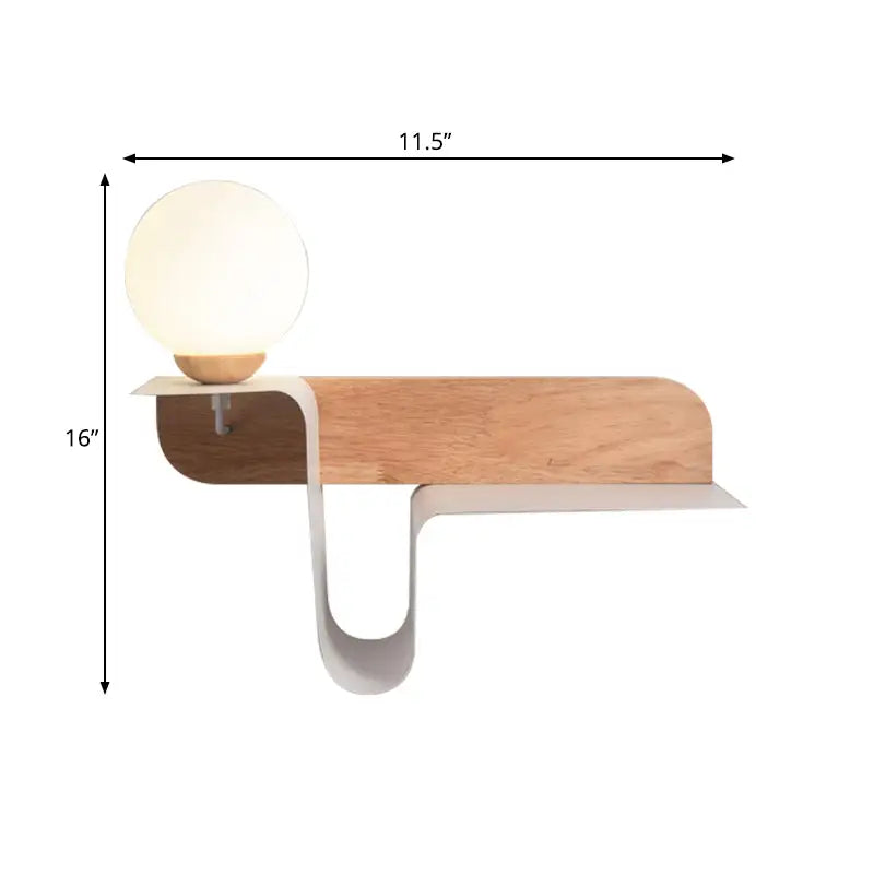 Minimalist white wall lamp with frosted glass bulb on curved wooden and metal base ideal for bedroom lighting