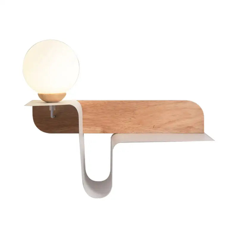 Minimalist white wall lamp with frosted glass shelf and warm spherical led incandescent bulb on wooden metal base