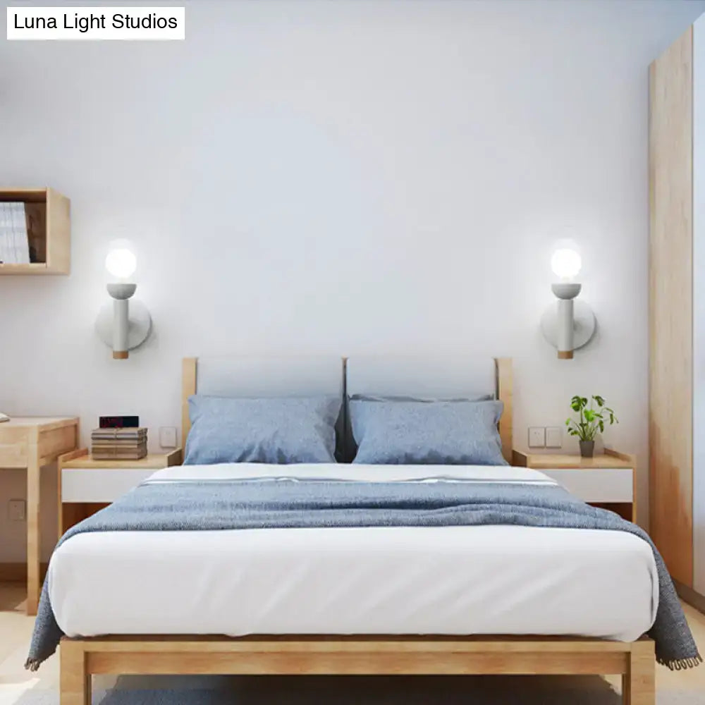 Minimalist white and wood armed wall lamp with matte ceramic shades for bedroom available in 110v-120v and 220v-240v