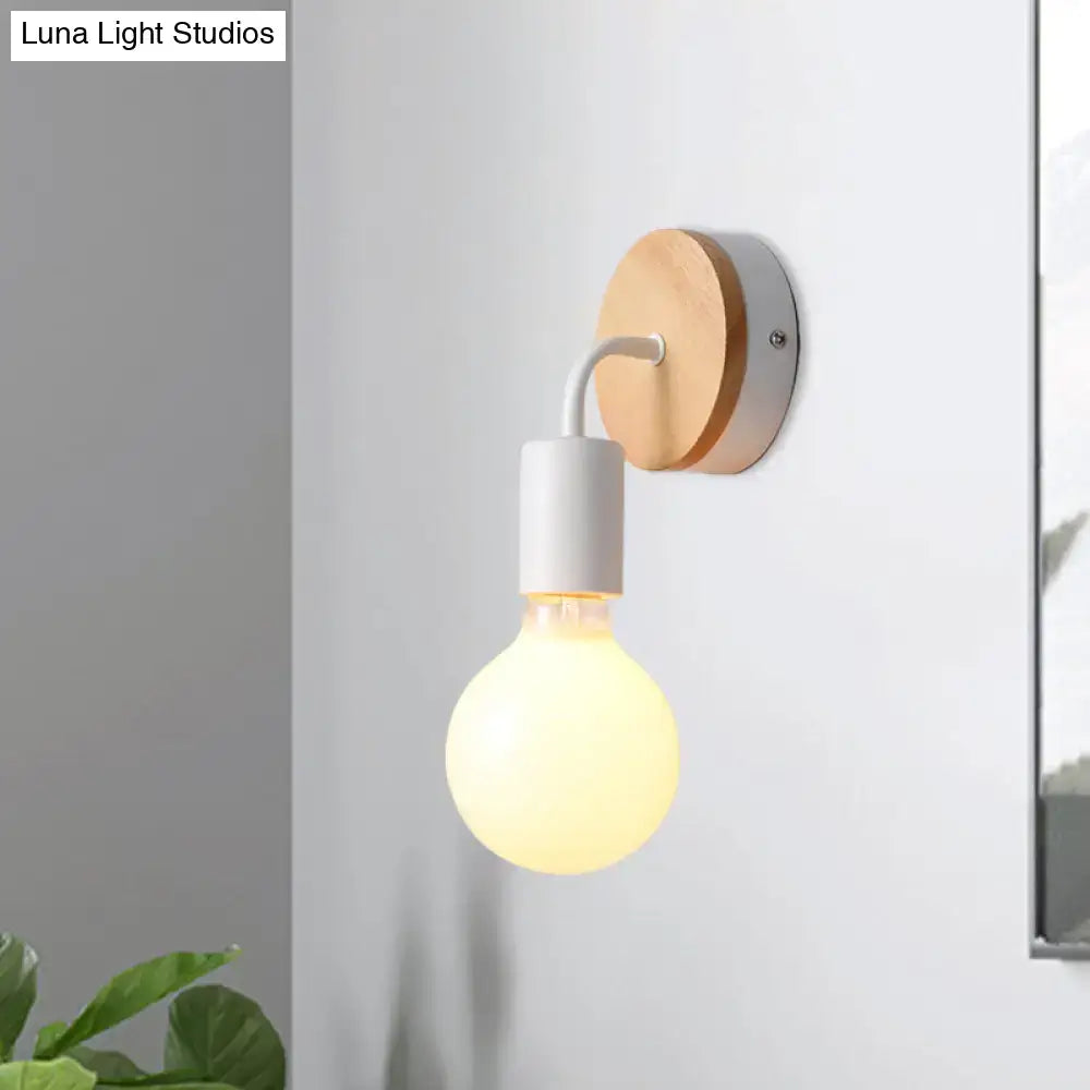 Minimalist white and wood wall sconce with direct wired electric led incandescent fluorescent bulb and warm glow