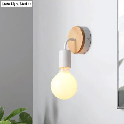 Minimalist white and wood wall sconce with direct wired electric led incandescent fluorescent bulb and warm glow