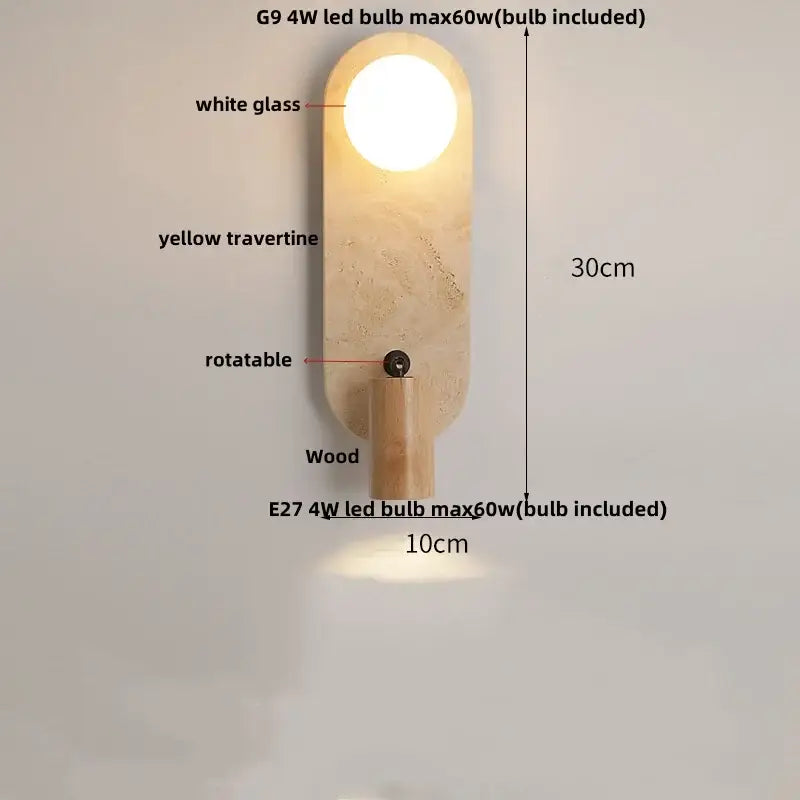Minimalist wood and beige canopy led wall light with yellow travertine panel and white glass bulb for bedroom decorbites canopy led