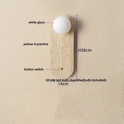 Minimalist canopy led wall light with white glass globe and yellow travertine base featuring decorbites canopy led switch