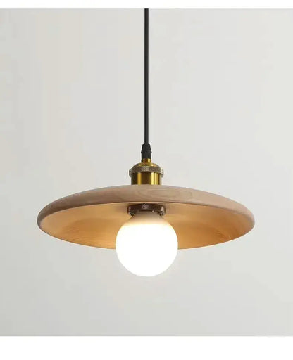 Minimalist pendant light with warm wood disc shade, brass accents, three-color dimming led bulb, ideal for dining room