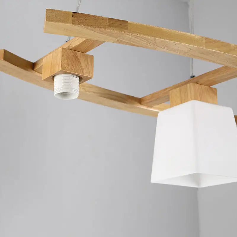 DecorBites™ ivory glass trapezoid island pendant light with wooden frame and white shade for dining room minimalist suspension pendant