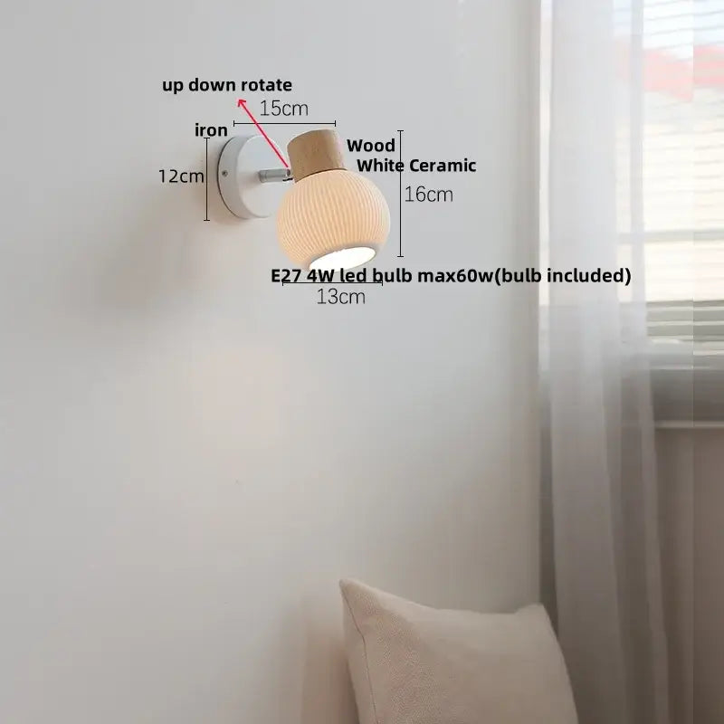 Minimalist wood and white ceramic led wall light bedroom lamp with vertical ridges and iron base for decorbites led wall use