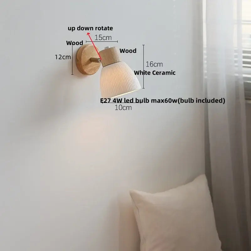 Minimalist wood and white ceramic led wall light with vertical ridges decorbites led wall lamp for bedroom decor