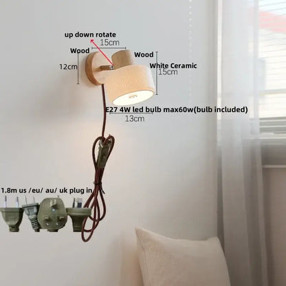 Minimalist wood and white ceramic led wall light with adjustable rotation for bedroom decorbites led wall illumination