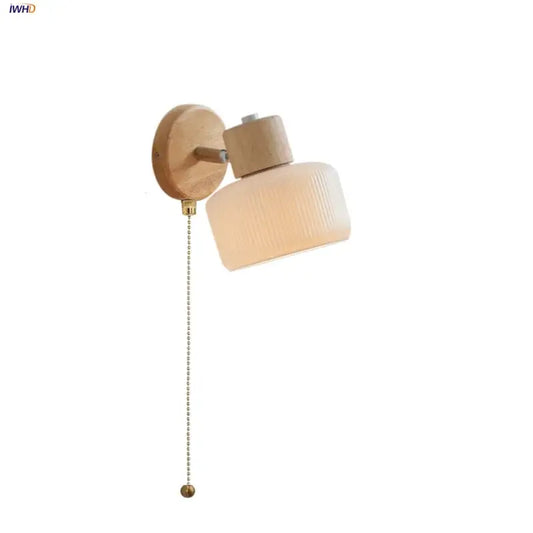 Minimalist wood and white ceramic led wall light with frosted glass shade and brass pull chain for decorbites led wall use