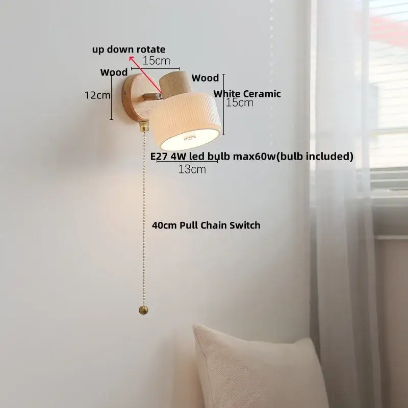 Minimalist wood and white ceramic led wall light with brass pull chain switch for bedroom decorbites led wall use