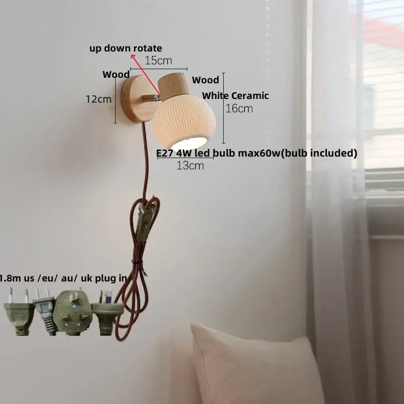 Minimalist wood and white ceramic led wall light with adjustable rotation for bedroom decorbites led wall use