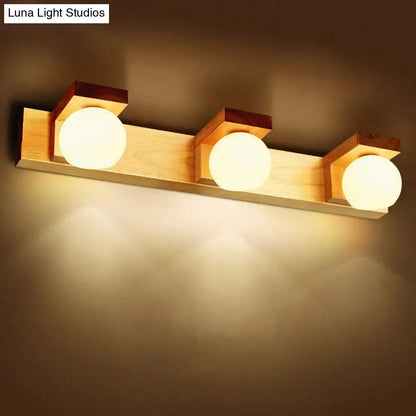 Warm-toned wooden 2 light vanity sconce with white glass frosted bulbs compatible with led incandescent fluorescent 220v-240v