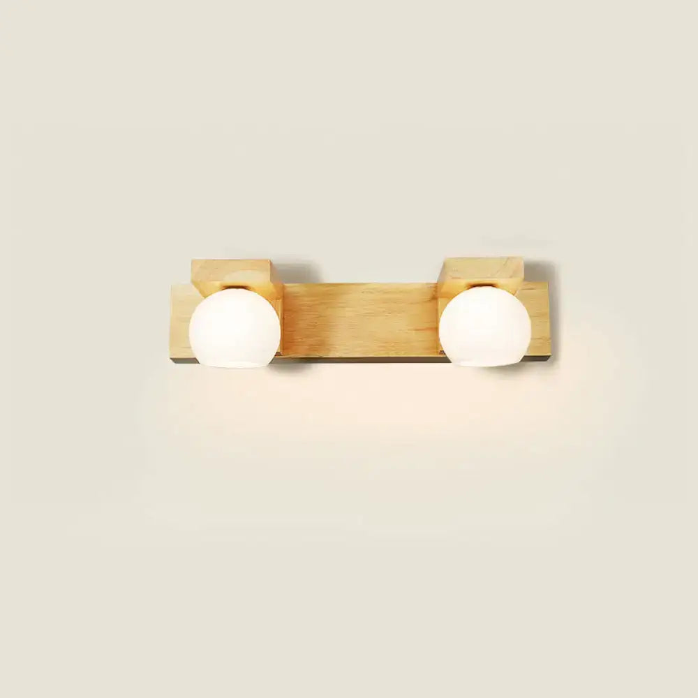 Minimalist wood and white glass 2 light vanity sconce with frosted globe shades compatible with led incandescent fluorescent 220v-240v