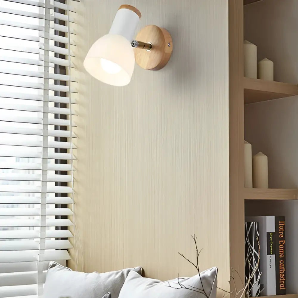 Minimalist wall lamp with white ceramic shade and natural wood base ideal for study room wall light