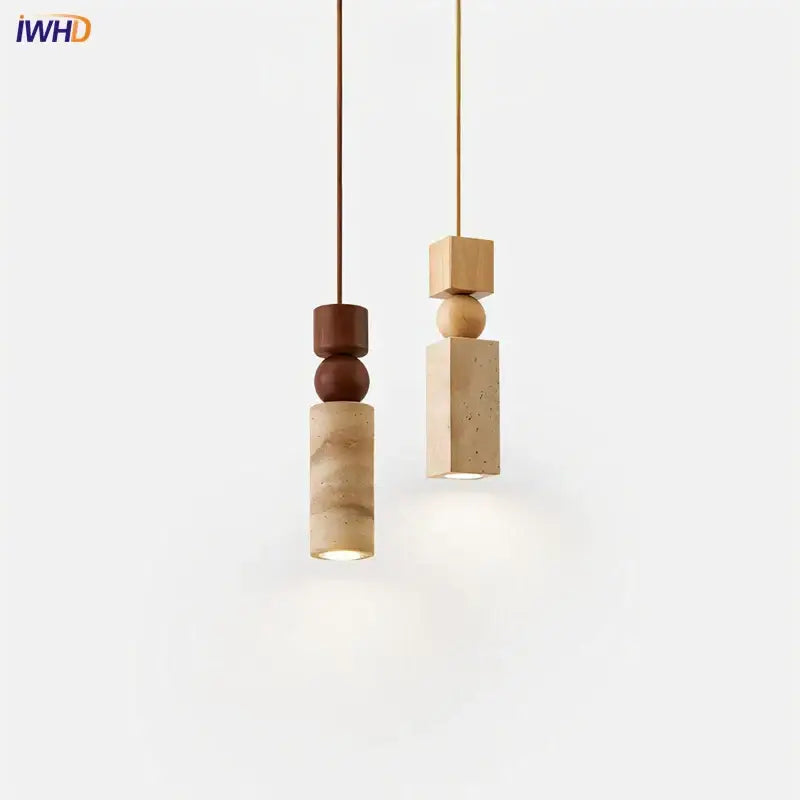 Two minimalist wood and yellow travertine led pendant lights with stacked geometric shapes for dining room decorbites led yellow