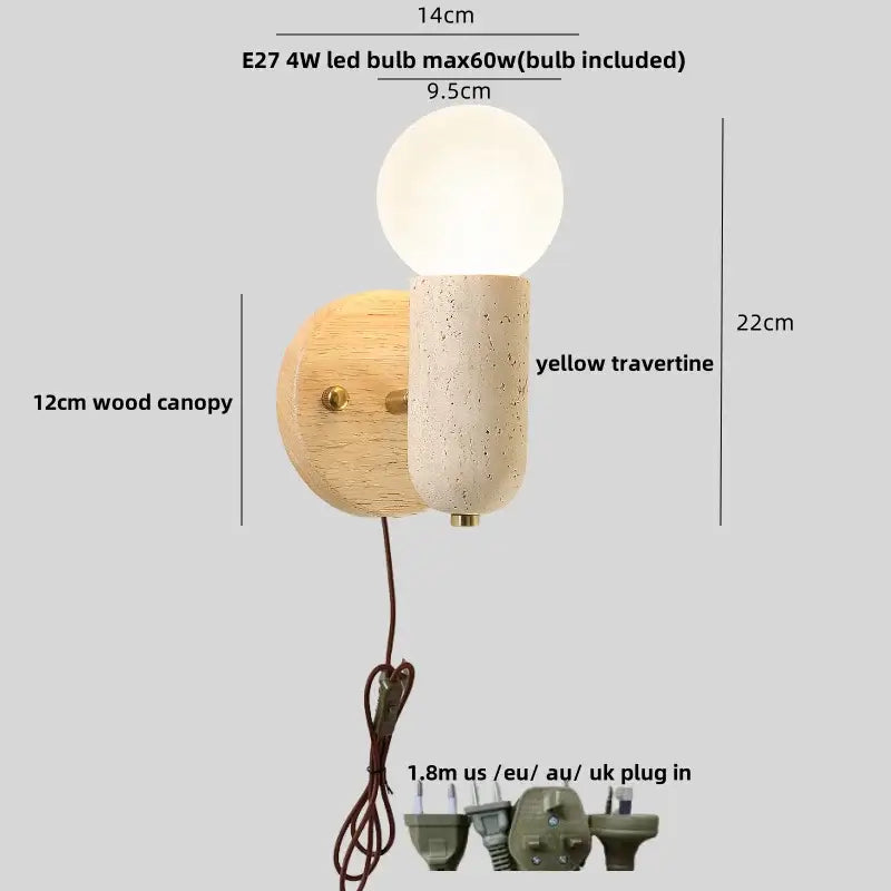 Minimalist wood and yellow travertine led wall sconce with frosted glass bulb for bedroom decorbites led wall lighting
