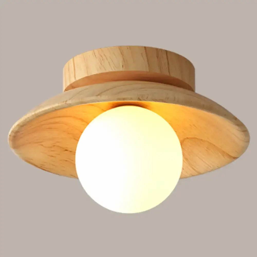 Decorbites™ sleek wooden ceiling light with warm wood finish and frosted glass globe semi-flush mount canopy width