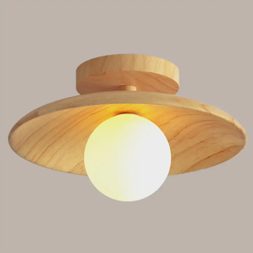 Decorbites™ sleek wooden ceiling light features a warm wood finish frosted glass globe and compact canopy width semi-flush mount
