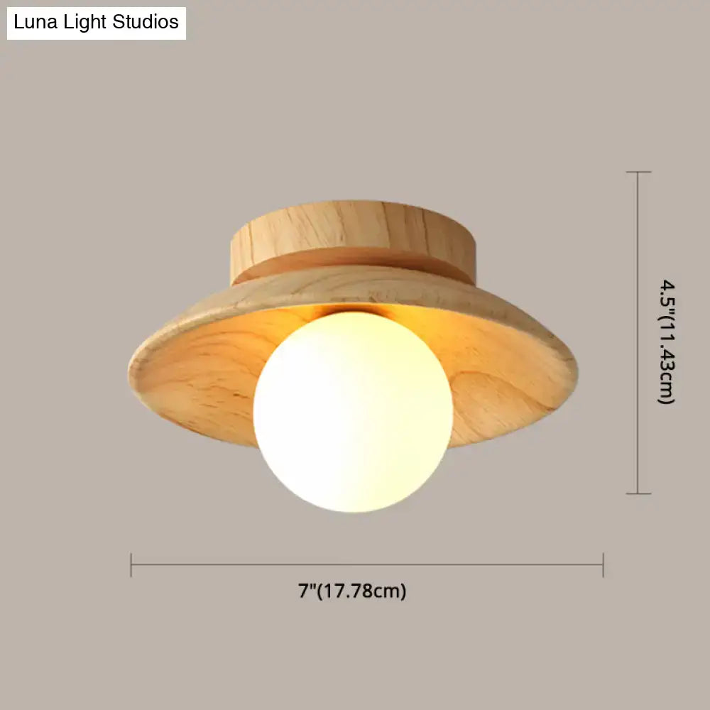 Decorbites™ sleek wooden ceiling light mini semi flush mount with natural wood finish and frosted glass globe canopy width