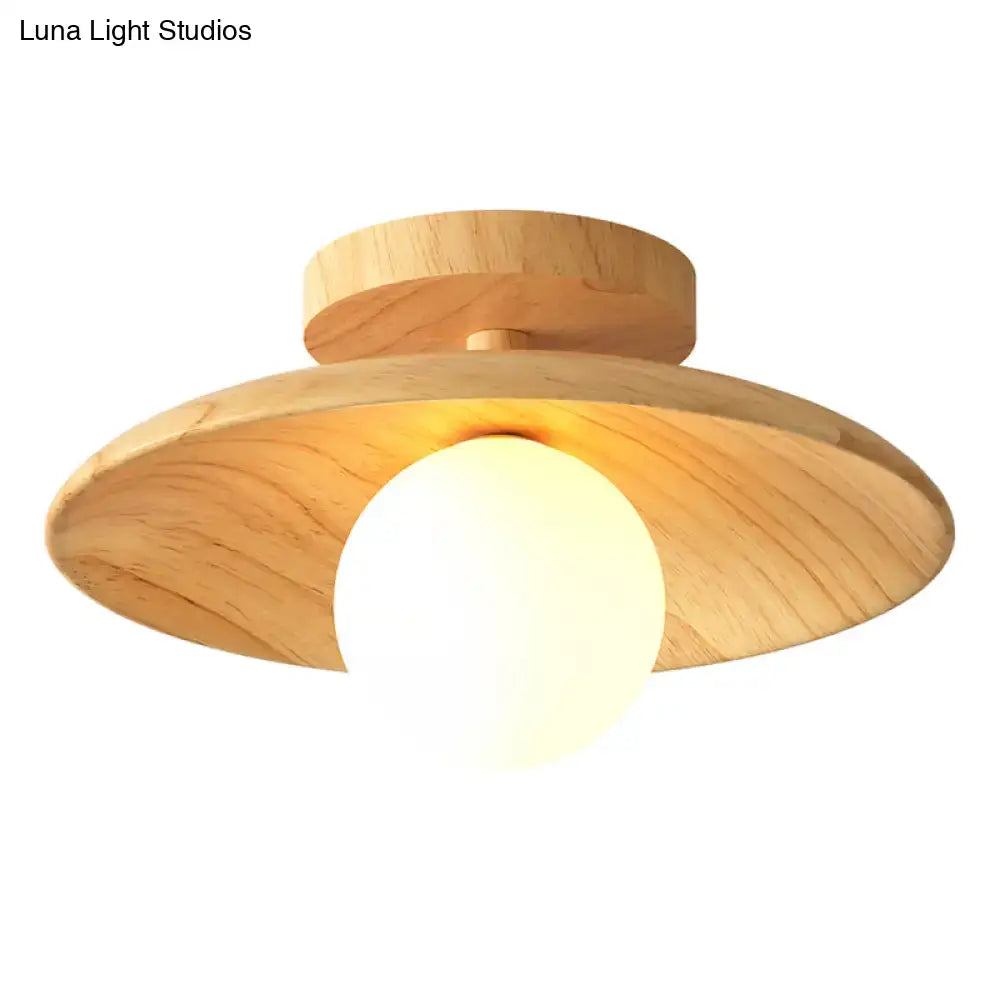 Decorbites™ sleek wooden ceiling light with warm glowing bulb in natural wood semi-flush mount canopy width design