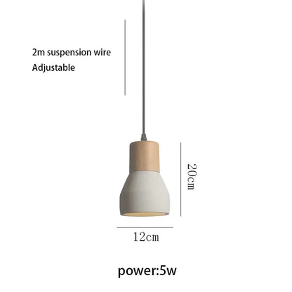 Minimalist pendant lamp with matte concrete body, wooden top cap, and adjustable suspension wire for bedroom decorbites cement concrete bedside use