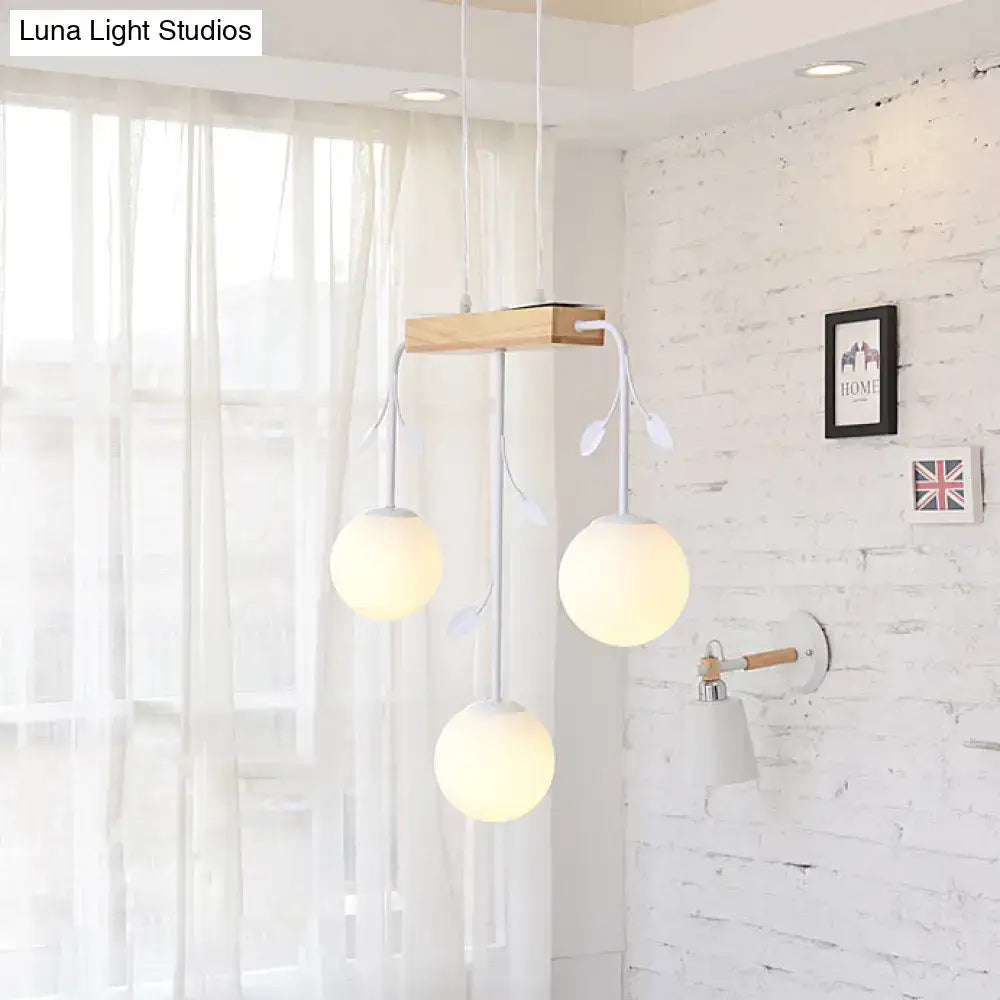 Decorbites™ nordic bubble shade island wooden hanging lamp with three frosted glass globes and white metal arms
