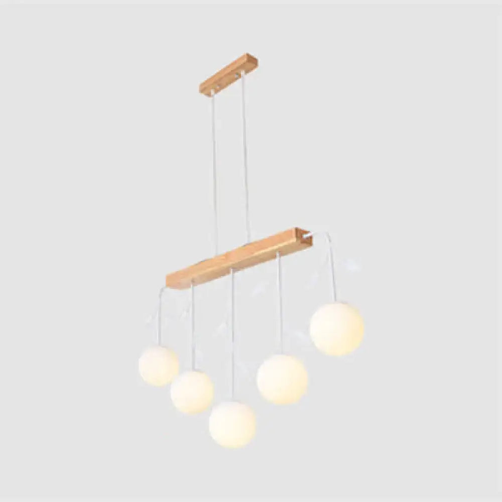 DecorBites Nordic bubble shade island wooden hanging lamp with natural wood frame and five frosted glass globe bulbs