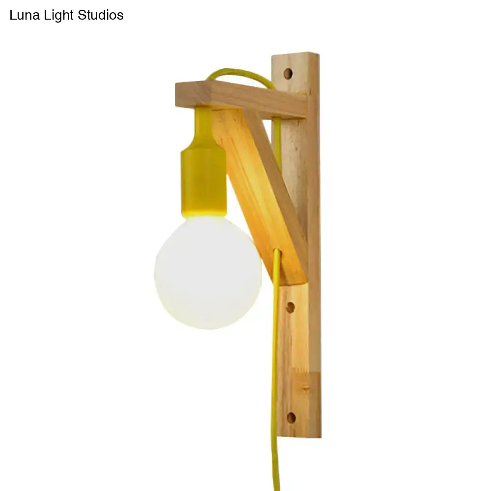Minimalist wooden wall sconce with natural wood frame bright yellow cord and exposed bulb medium base e26 e27 bedroom lamp