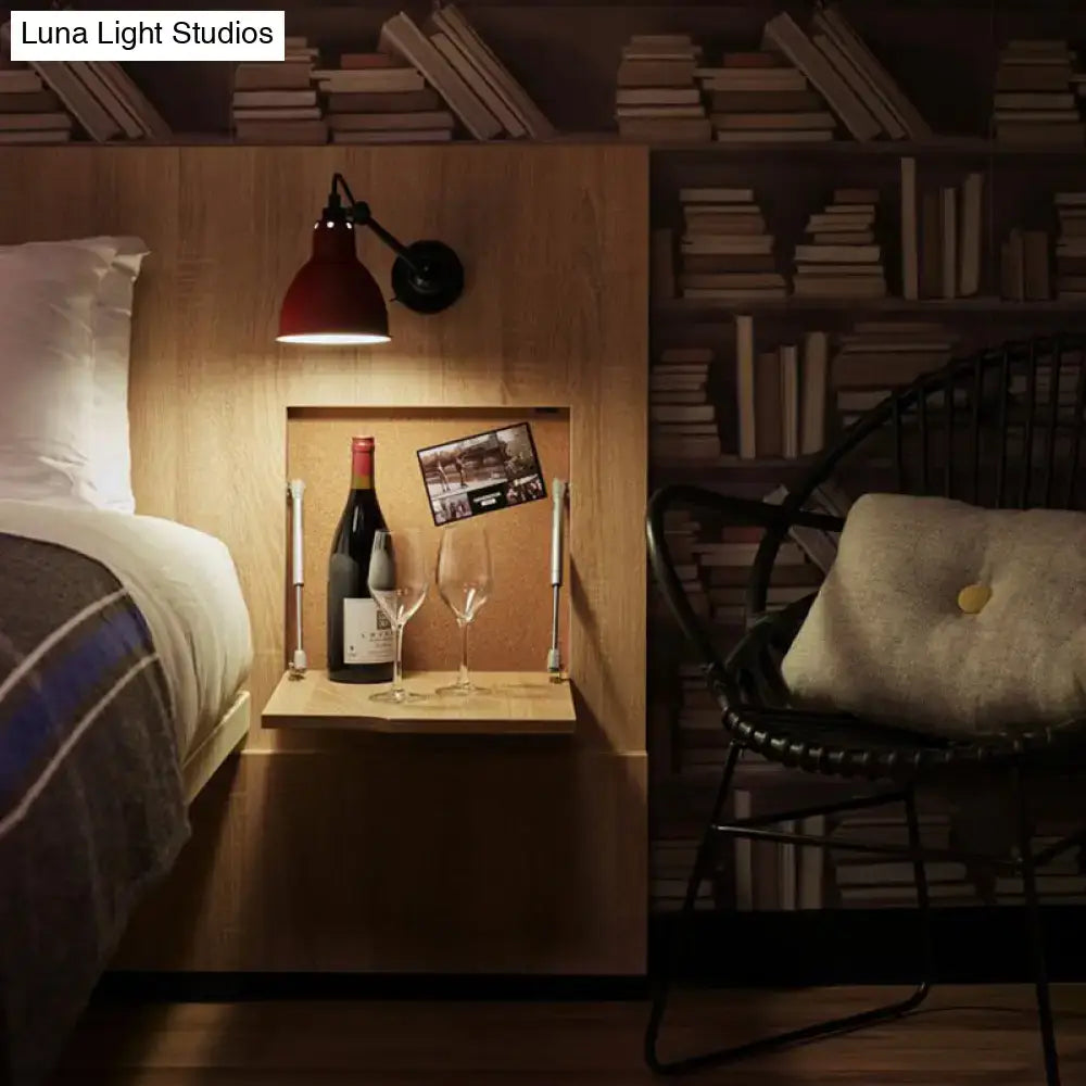 Red industrial-style wall lamp with black arm and base wall mounted lamp ideal for living room lighting