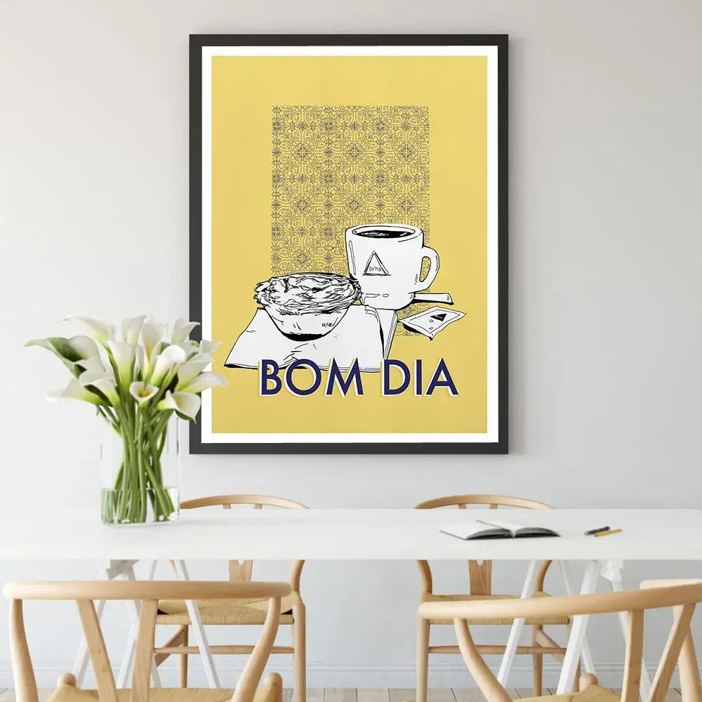 Minimalist yellow and navy decorbites coffee kitchen wall art poster with black line art coffee cup pastry and bom dia text