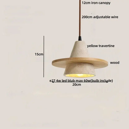 Minimalist yellow travertine stone and wood led pendant light with iron canopy and adjustable wire for bedroom decorbites led wood