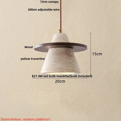 Minimalist yellow stone and wood led pendant light with textured travertine cone and dark wood canopy for bedroom decorbites led wood