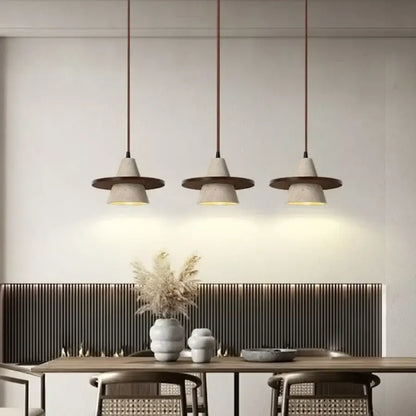 Three modern yellow stone and wood led pendant lights with concrete shades and dark wooden rims for bedroom decorbites led wood pendant