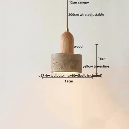 Minimalist yellow stone and wood led pendant light with a warm wooden canopy and textured travertine shade for bedroom decorbites led wood pendant