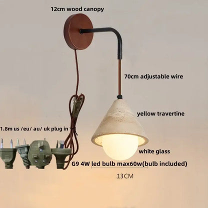 Minimalist yellow travertine wall sconce with 12cm wooden canopy and decorbites adjustable led wall arm for bedroom lighting