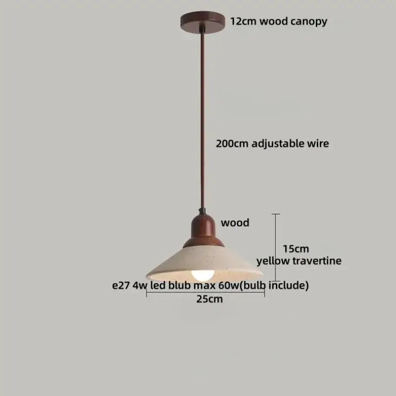 Minimalist yellow travertine stone pendant light with 12cm wood canopy and adjustable wire for dining room use