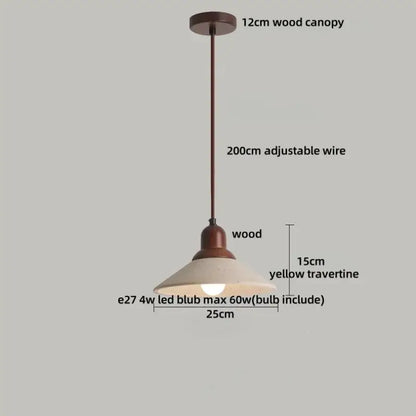 Minimalist yellow travertine stone pendant light with 12cm wood canopy and adjustable wire for dining room use