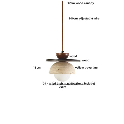 Minimalist yellow travertine stone pendant light with wood canopy and adjustable wire for dining room lighting