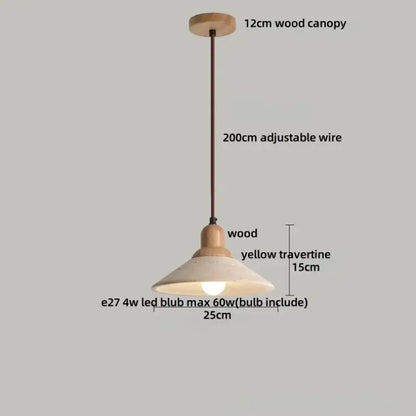 Minimalist yellow travertine stone pendant light with wooden canopy and adjustable wire for dining room lighting