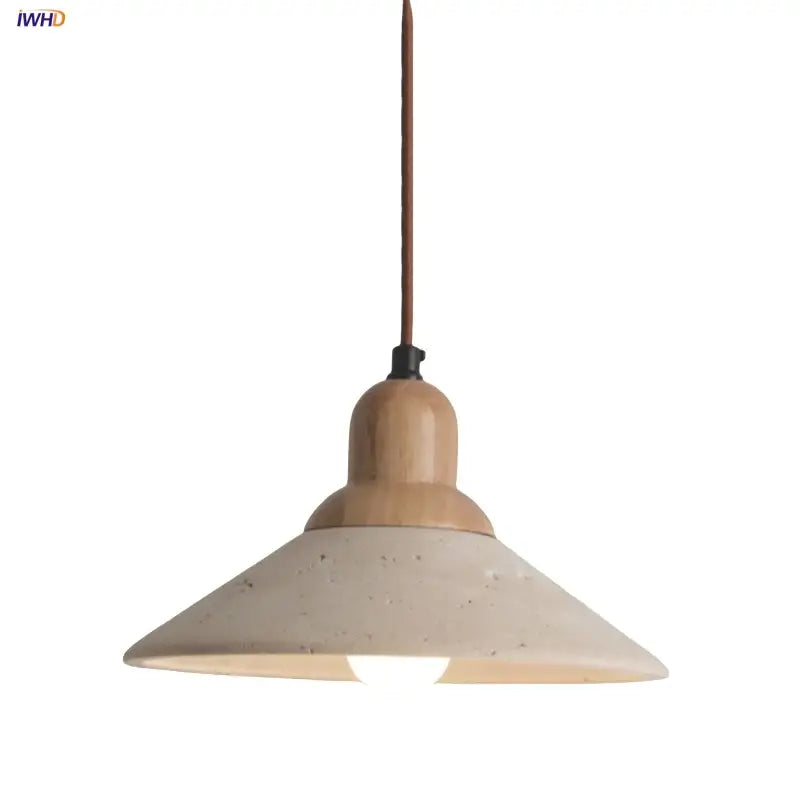 Minimalist pendant light with beige speckled ceramic shade and yellow travertine stone fixture for dining room use