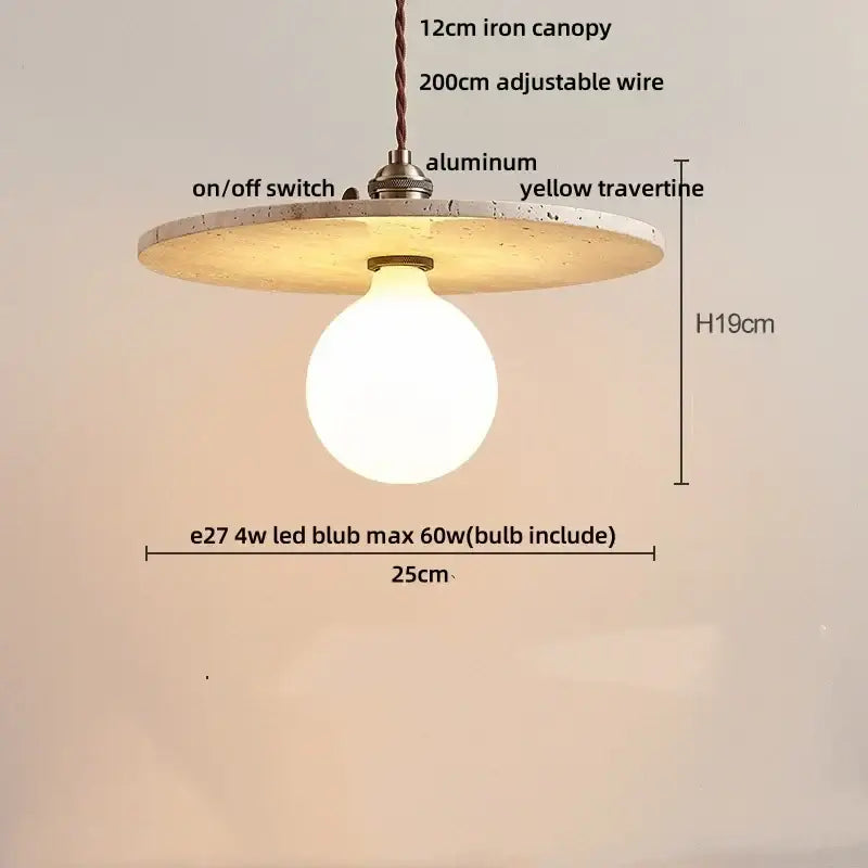 Minimalist pendant light with yellow travertine stone circular shade aluminum fixture and 25cm e27 led bulb for dining room