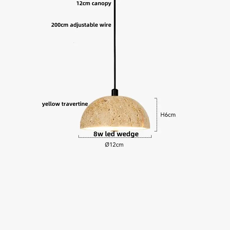 Minimalist yellow travertine stone pendant light with warm textured shade, 12cm canopy, and adjustable wire for dining room